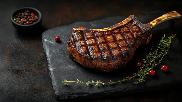 Bone-in tomahawk steak with char marks on a black slate board, garnished with thyme and red peppercorns next to a peppercorn bowl.