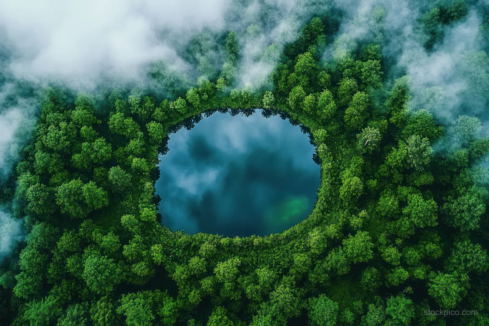 Aerial view of a forest canopy forming a circle around a blue water pool with misty atmosphere.