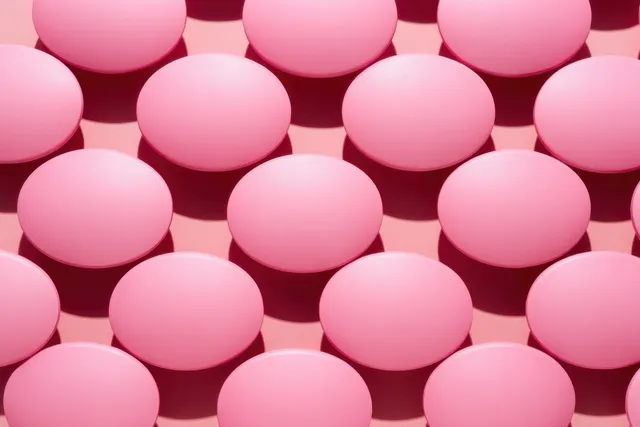 Close-up of pink pills arranged in a grid, with soft shadows on pink surface with Drug Packaging Concept