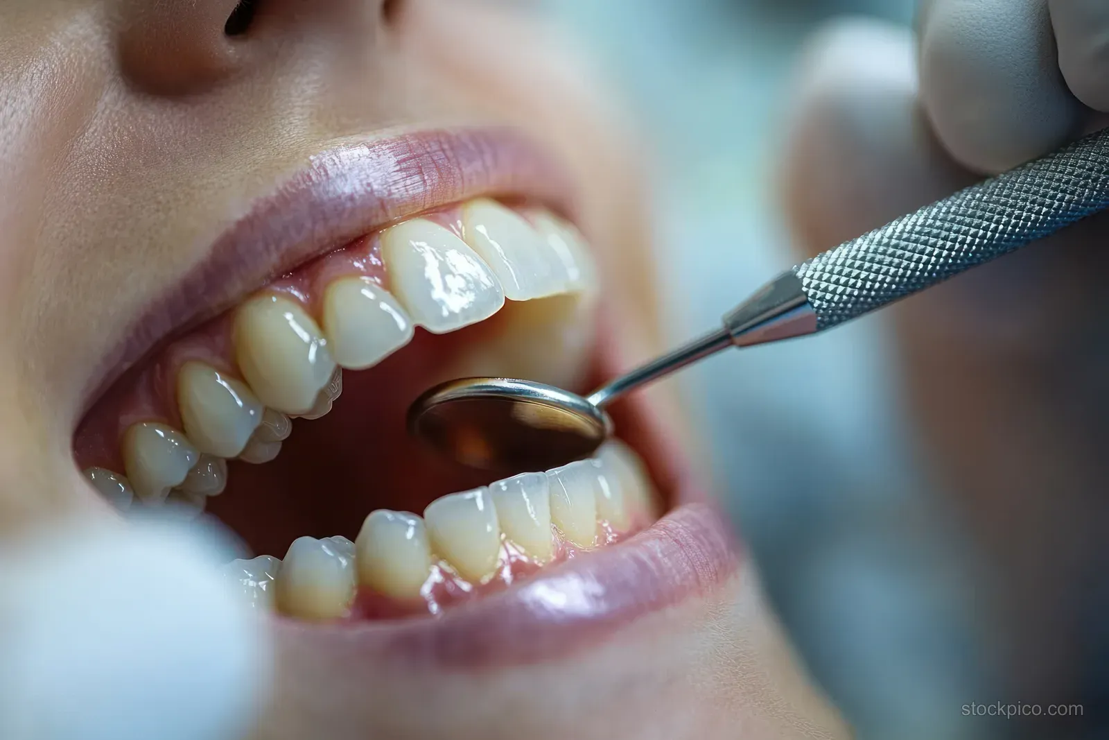 Dentist uses a dental mirror to examine healthy teeth inside an open patient mouth.