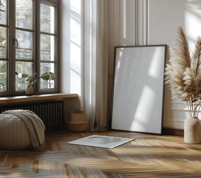Boho living room interior with blank A4 poster on stand by large window and oak herringbone floor