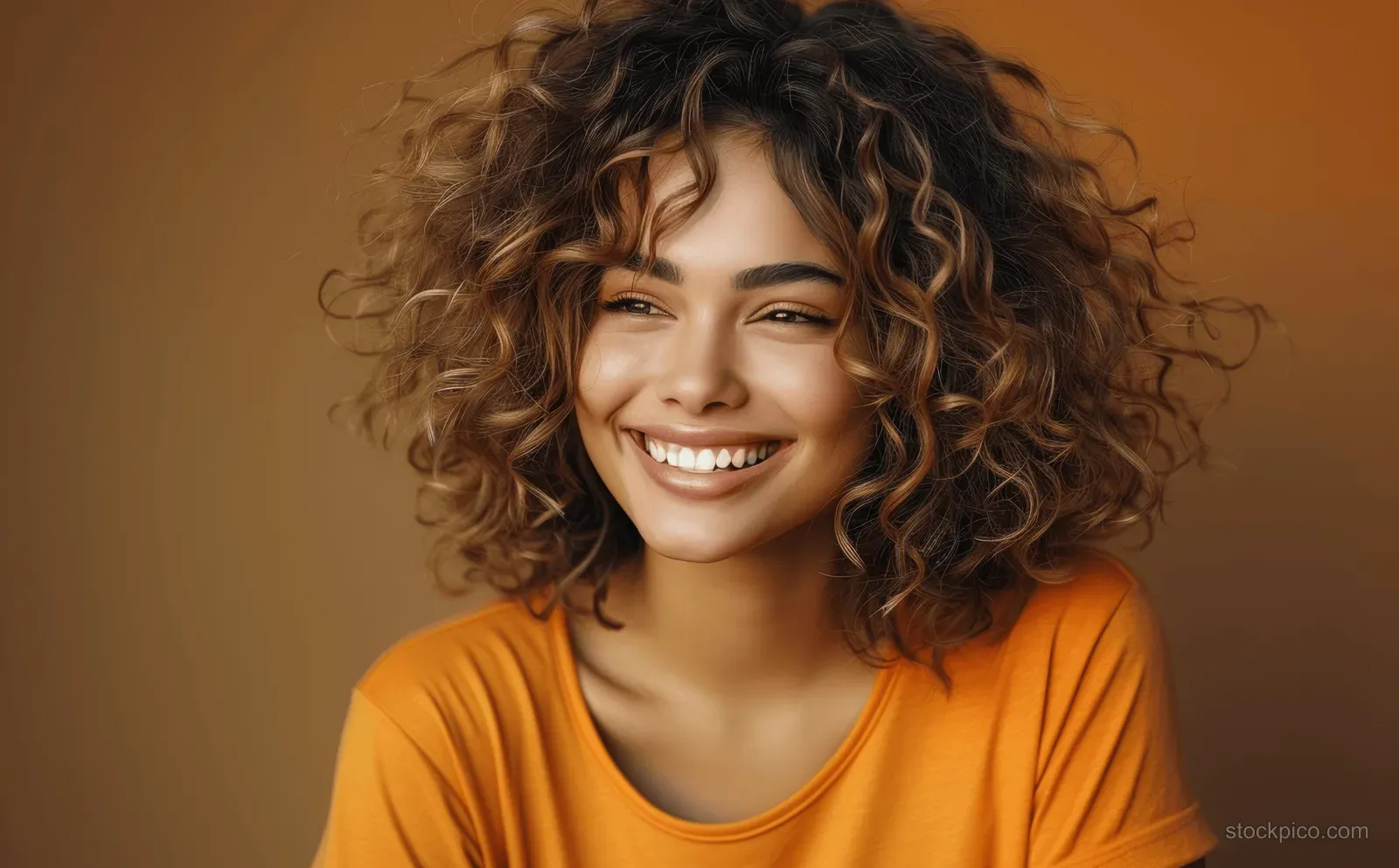 Curly-haired African American woman smiles in an orange shirt against a brown studio backdrop.
