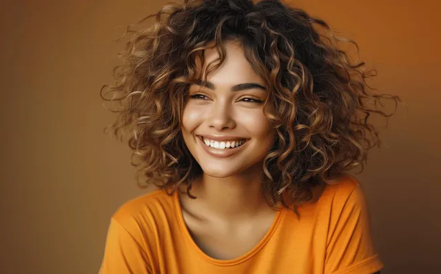Smiling curly-haired African American woman in orange shirt against brown studio backdrop