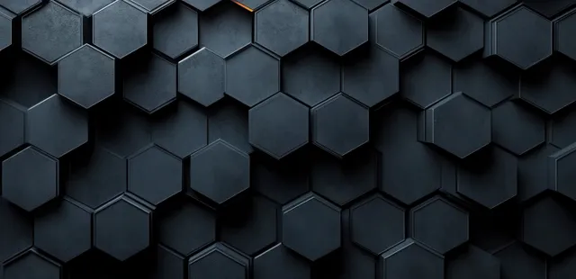 Dark gray and black hexagonal pattern with depth and shadows creates a textured, futuristic surface.