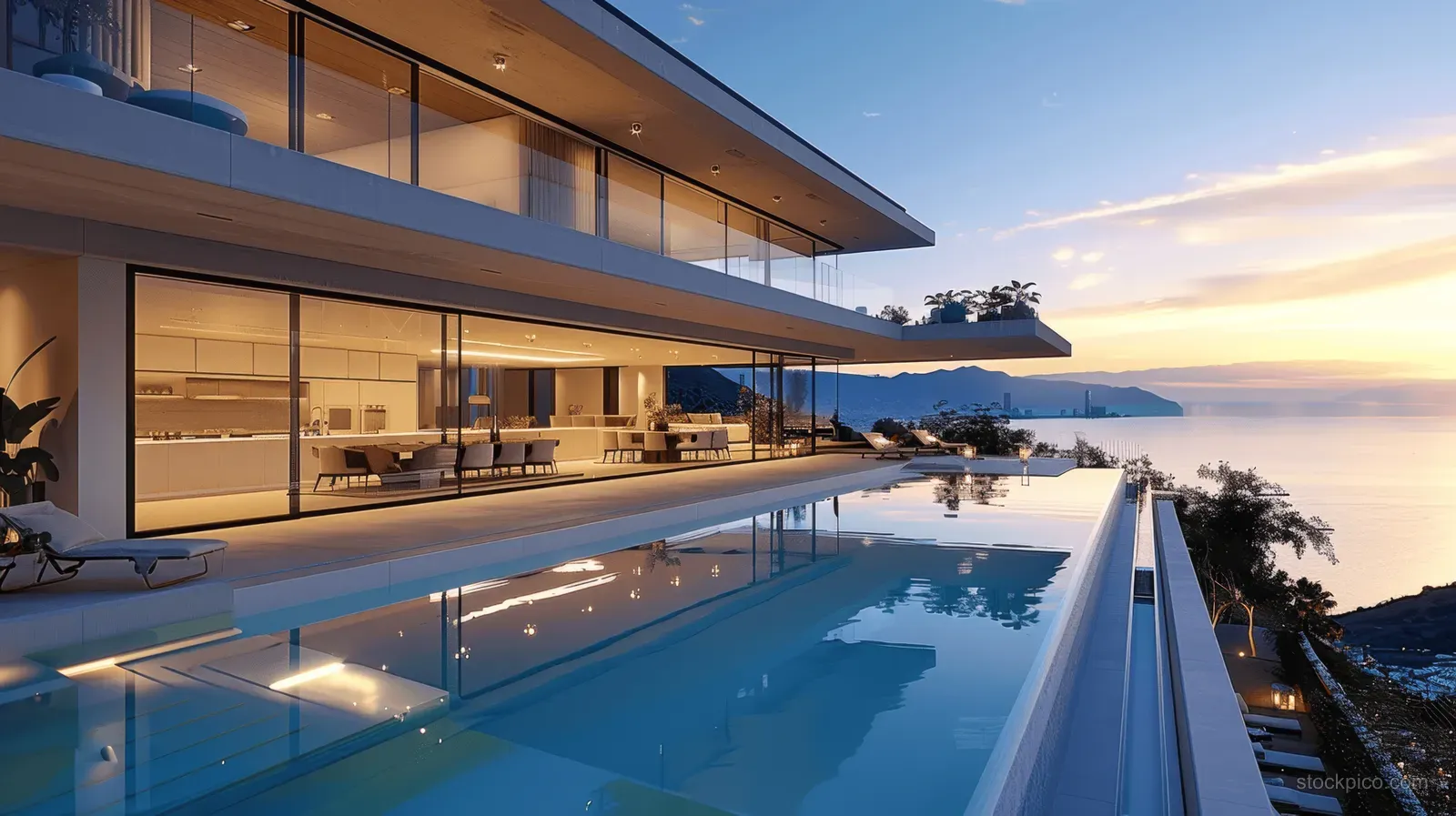 An infinity pool and glass terrace of a modern villa reflect the ocean sunset light.
