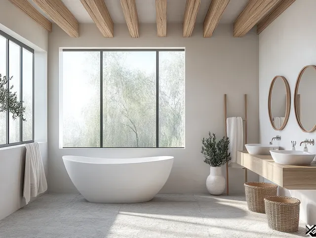 Minimalist bathroom interior with a freestanding bathtub under wood ceiling beams and large windows.