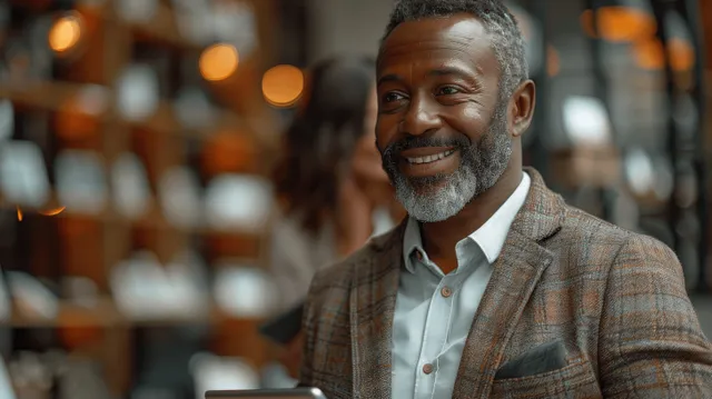 Real estate agent in a tweed jacket talking during an apartment viewing in a warm bokeh interior.