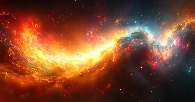 Fiery wormhole tunnel curves through deep space with glowing particles and motion-blur streaks.