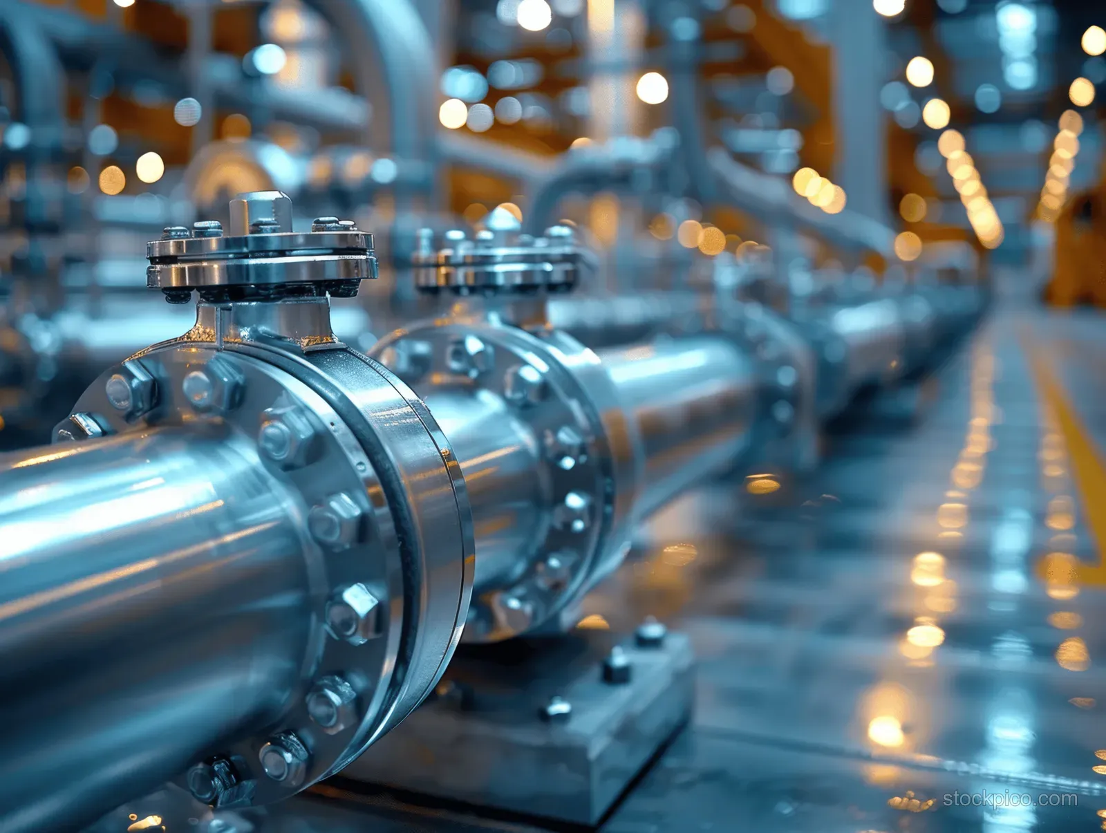Stainless steel medical instrument fittings closeup with reflections beside blurred industrial pipes and lights.