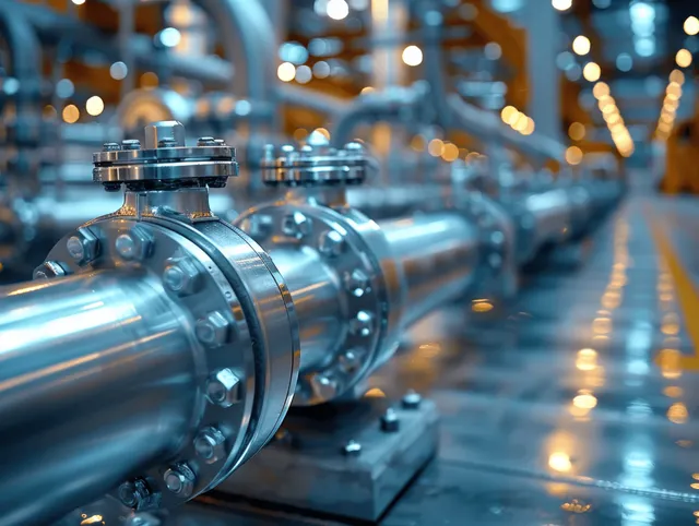 Stainless steel medical instrument fittings closeup with reflections beside blurred industrial pipes and lights.