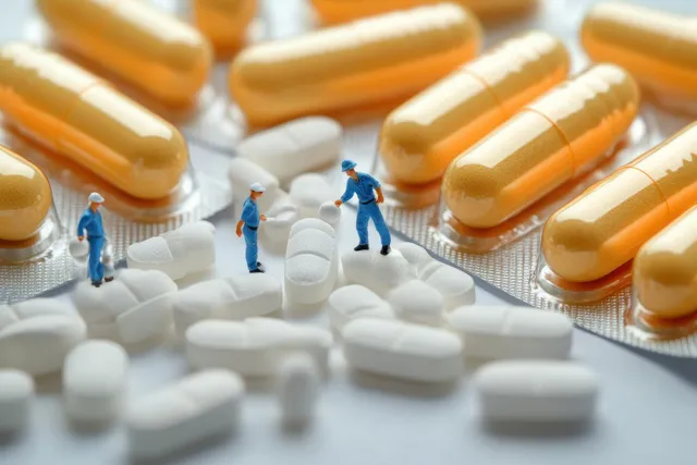 Miniature workers inspect white tablets and yellow capsules among blister packs in a close-up scene.