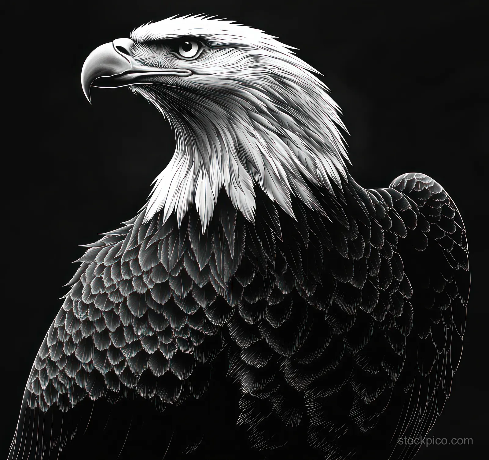 Monochrome bald eagle portrait in profile with detailed feathers and intense gaze on a solid black background.