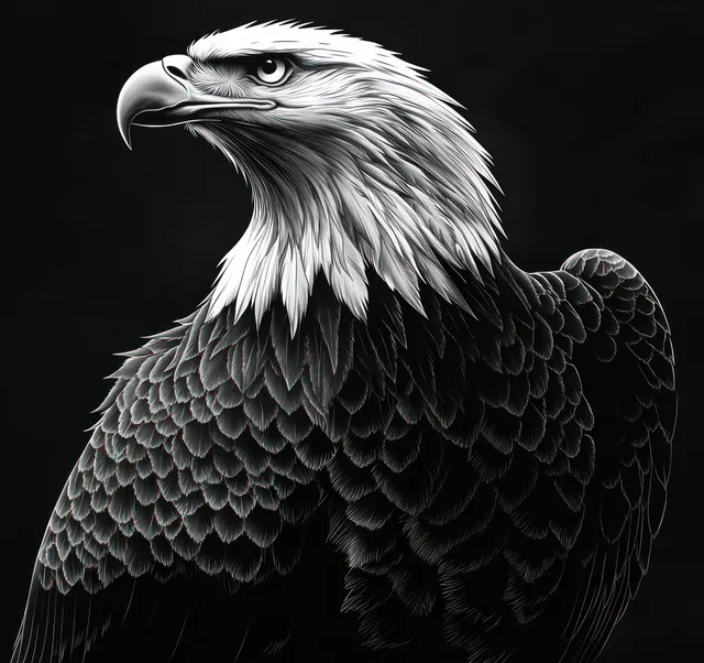 Monochrome bald eagle portrait in profile with detailed feathers and intense gaze on a solid black background.