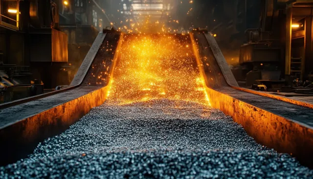 Molten steel pours down a foundry chute into a trough as bright sparks scatter across the factory floor.