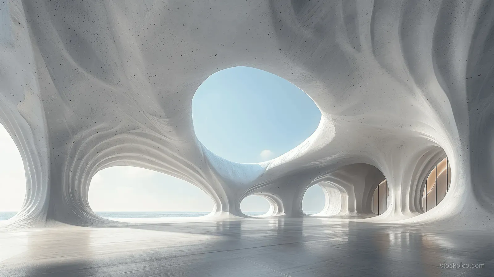Empty concrete floor inside a futuristic white arch corridor with blue daylight streaming through openings.