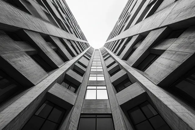 Black and white view looking up between two concrete buildings with symmetrical rectangular windows.