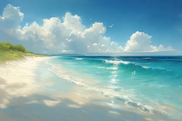 Turquoise Waves Wash a Quiet Tropical Beach Under Soft Clouds