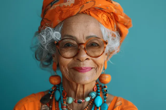 Elderly woman smiling in an orange headwrap and round glasses with turquoise bead necklace in a blue studio.