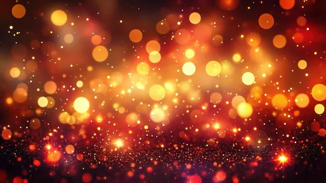 A warm abstract background with glowing golden and orange bokeh circles and sparkling particles for festive designs.