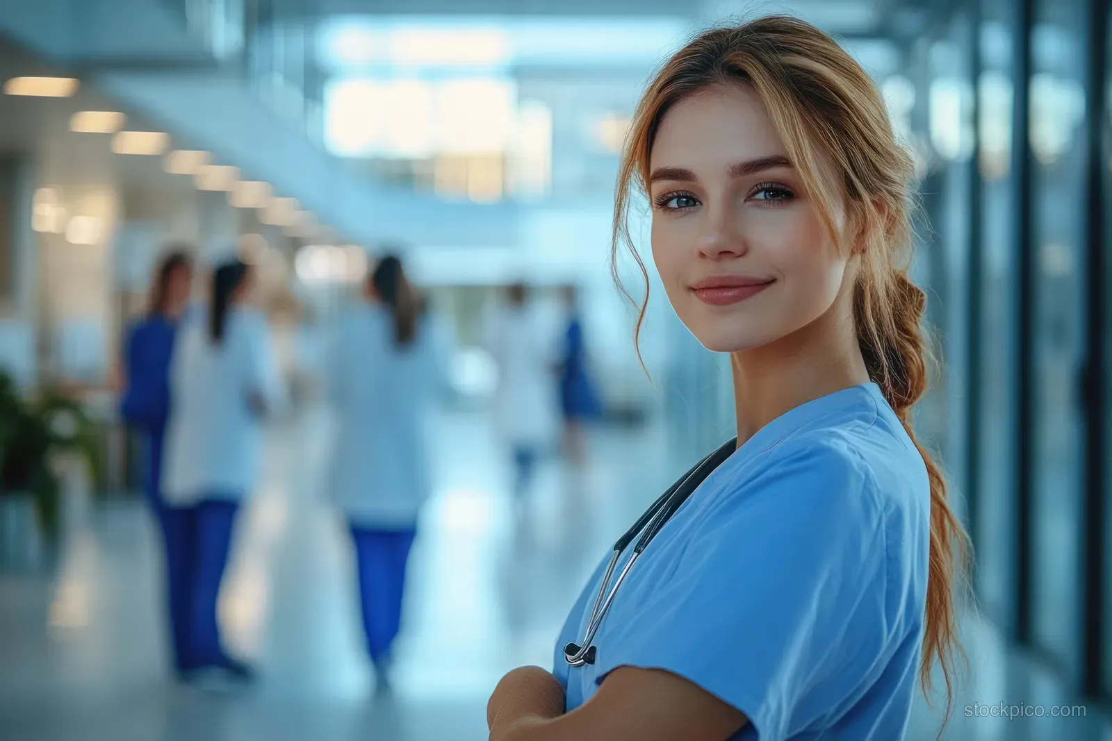 A confident nurse in blue scrubs stands in a hospital corridor as colleagues discuss healthcare behind her.