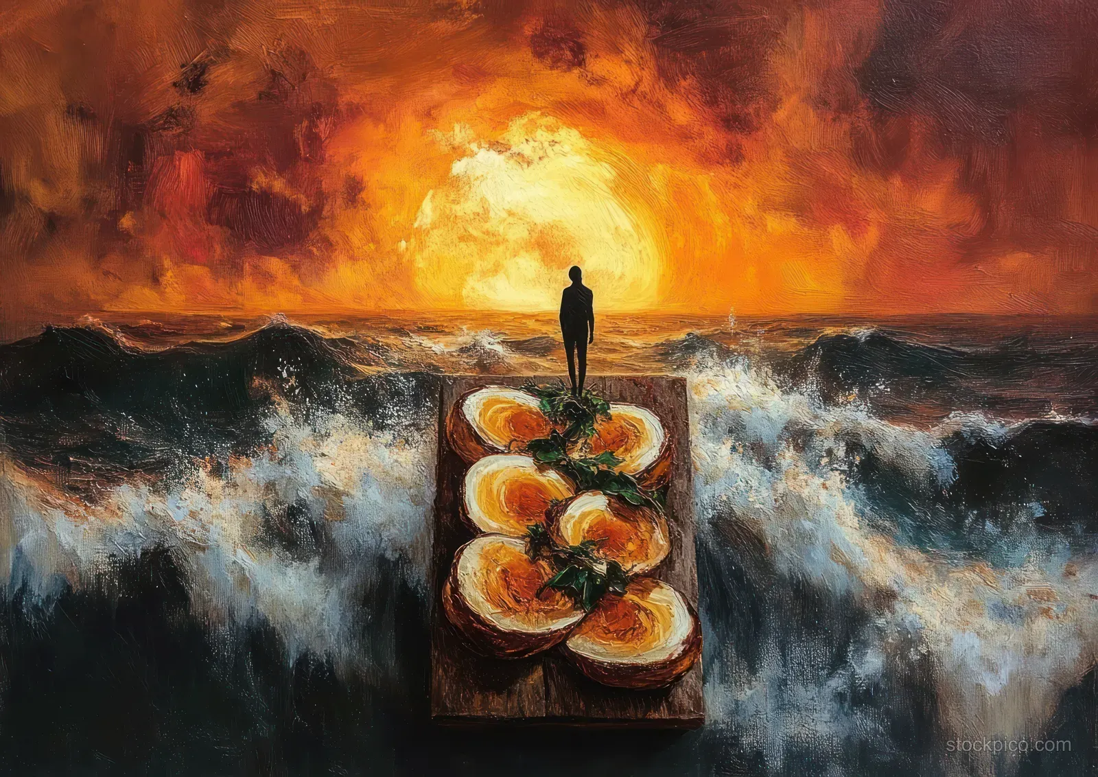 A silhouette stands on a floating wooden board beside large sliced fruits over churning waves under a vivid orange sunset sky.