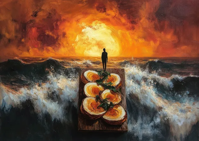 A silhouette stands on a floating wooden board beside large sliced fruits over churning waves under a vivid orange sunset sky.