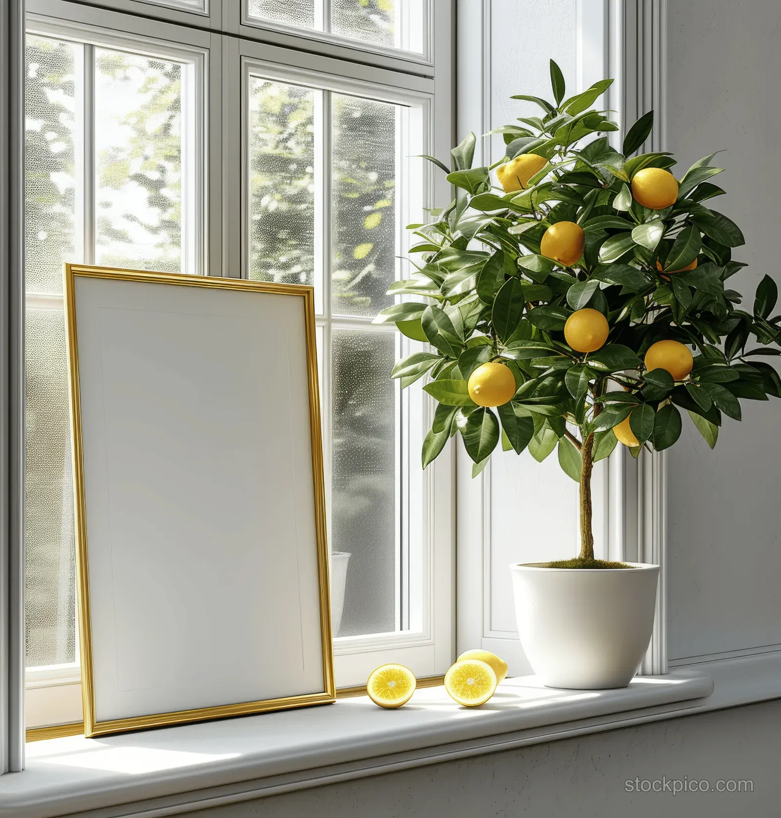 Gold-edged empty photo frame mockup sits on a bright window ledge next to a potted lemon tree with small yellow fruits.