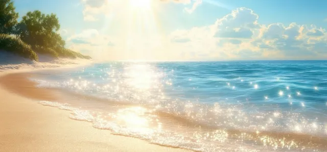 Sunlit beach shoreline with blue ocean reflections, soft sand texture, gentle waves