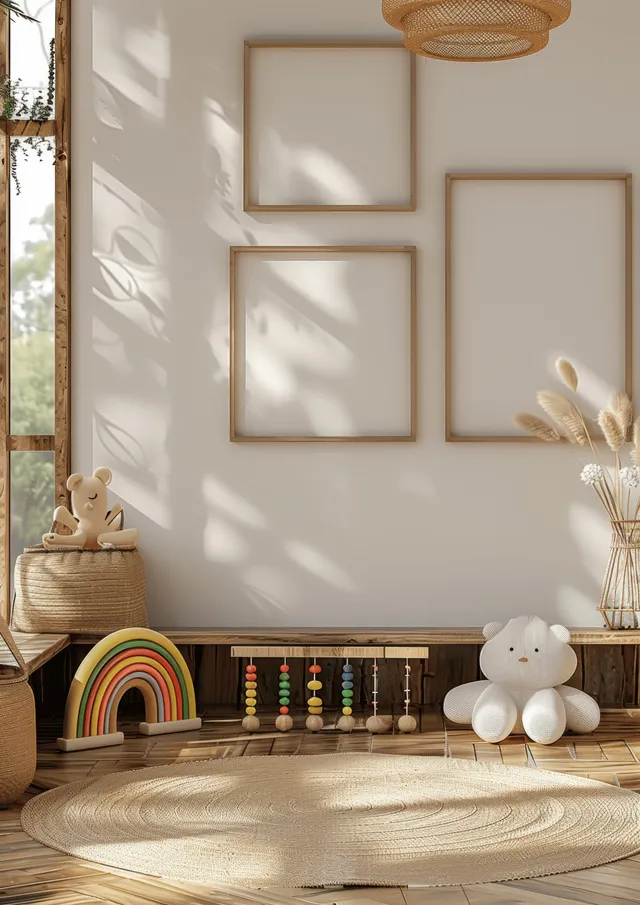 Sunlit Scandinavian nursery corner with beige floor, wooden frames on the wall, and toys near a soft play mat.