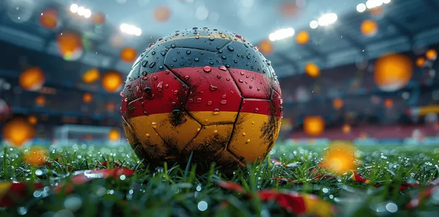 German flag colored soccer ball sits on grass with glowing stadium lights and bokeh behind it.