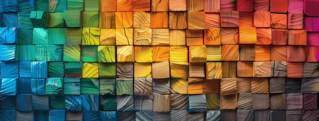 Rainbow-colored wooden blocks stacked into a tiled abstract background with textured edges