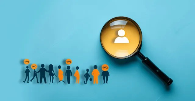 Customer focus concept showing yellow human icon magnified over a crowd