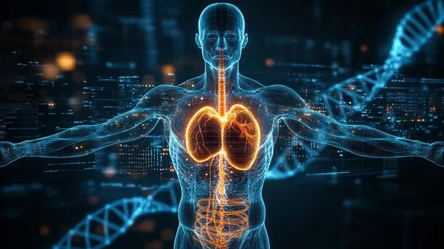 Digital human figure with glowing lungs and DNA helix strands in sci-fi medical background