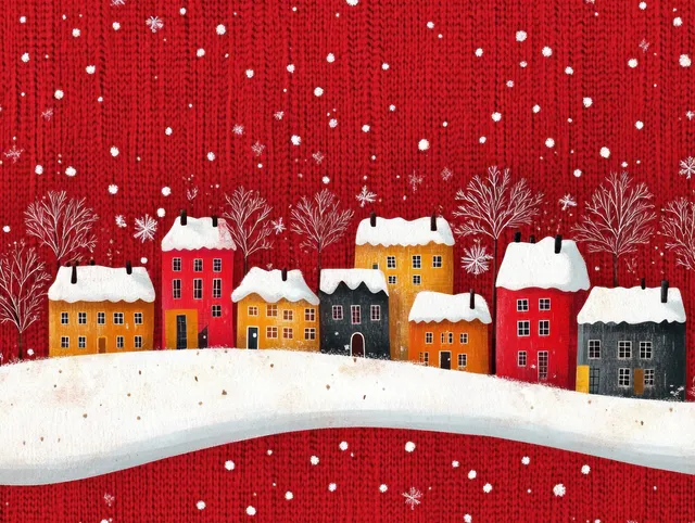 Snowy Christmas village houses and trees sit on a curved road over a red knitted fabric background with falling snow.
