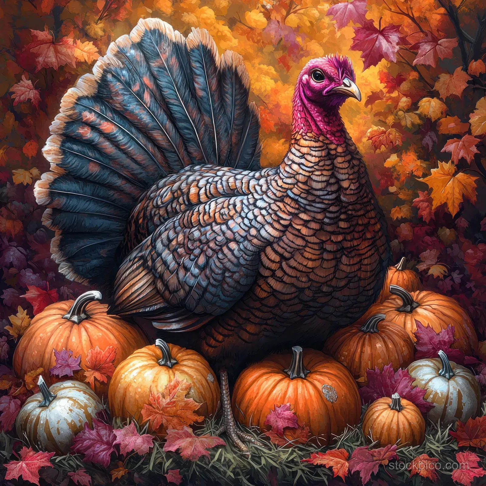 Thanksgiving turkey sits on hay with pumpkins and gourds framed by bright autumn leaves.