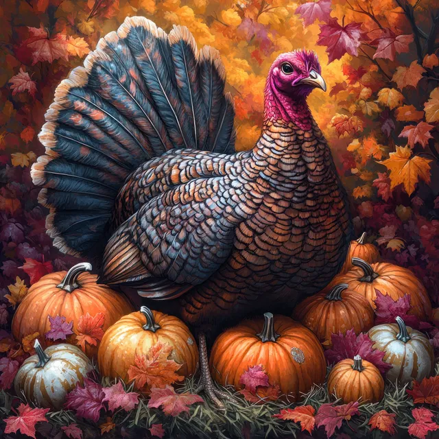 Thanksgiving turkey sits on hay with pumpkins and gourds framed by bright autumn leaves.
