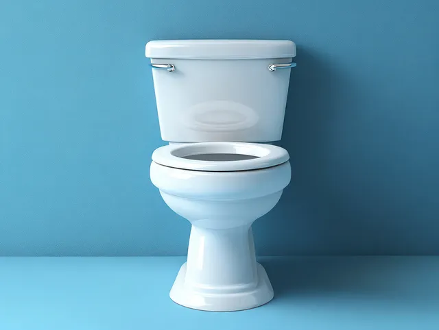 White ceramic toilet with lid open against a blue textured wall and floor.