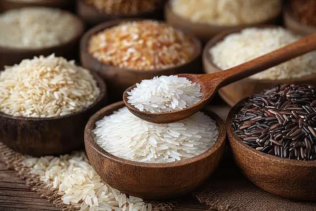 Wooden spoon scoops white uncooked rice beside bowls holding different rice varieties.