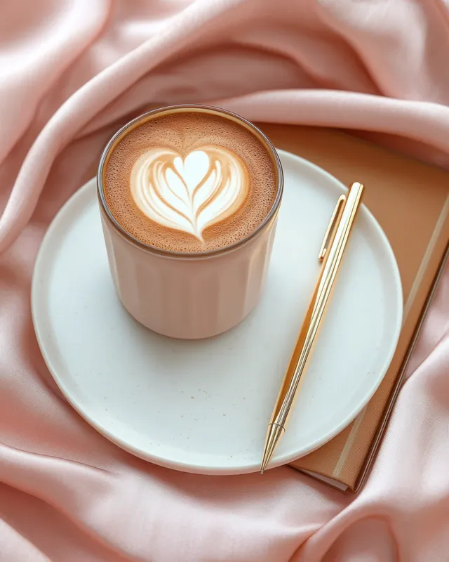 Cappuccino with heart latte art sits on a white plate beside a golden pen and closed notebook on pink satin fabric.