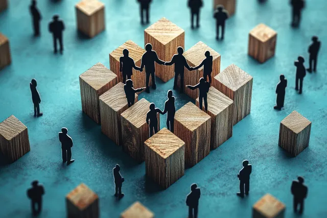Silhouette people hold hands in a circle on wooden blocks surrounded by isolated figures on a blue textured surface.