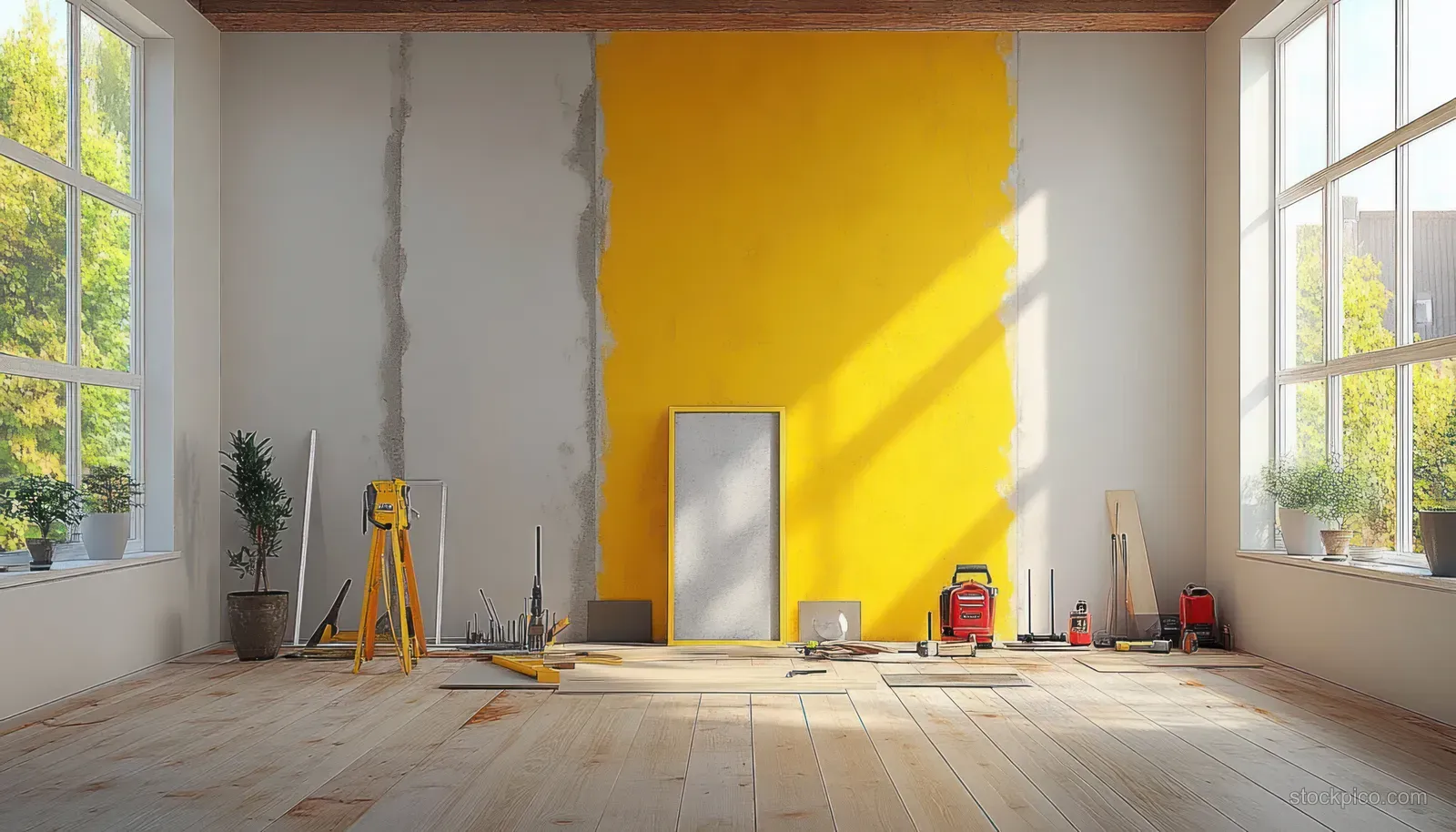 Renovation tools sit on the floor in a bright minimalist room with an unfinished yellow wall and exposed drywall.