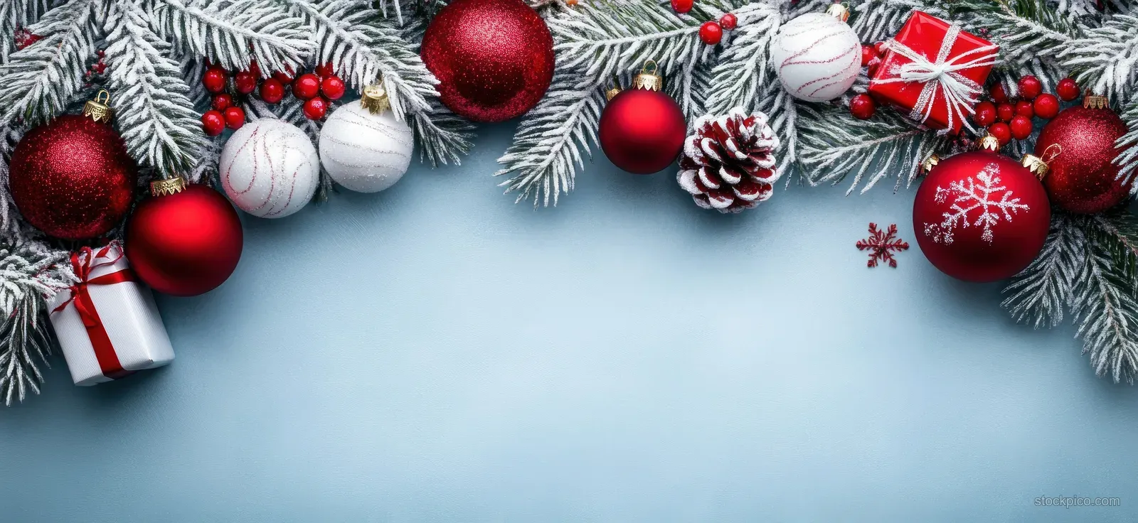 White pine branches with red and white ornaments and small wrapped gifts form a festive border on a light blue background.