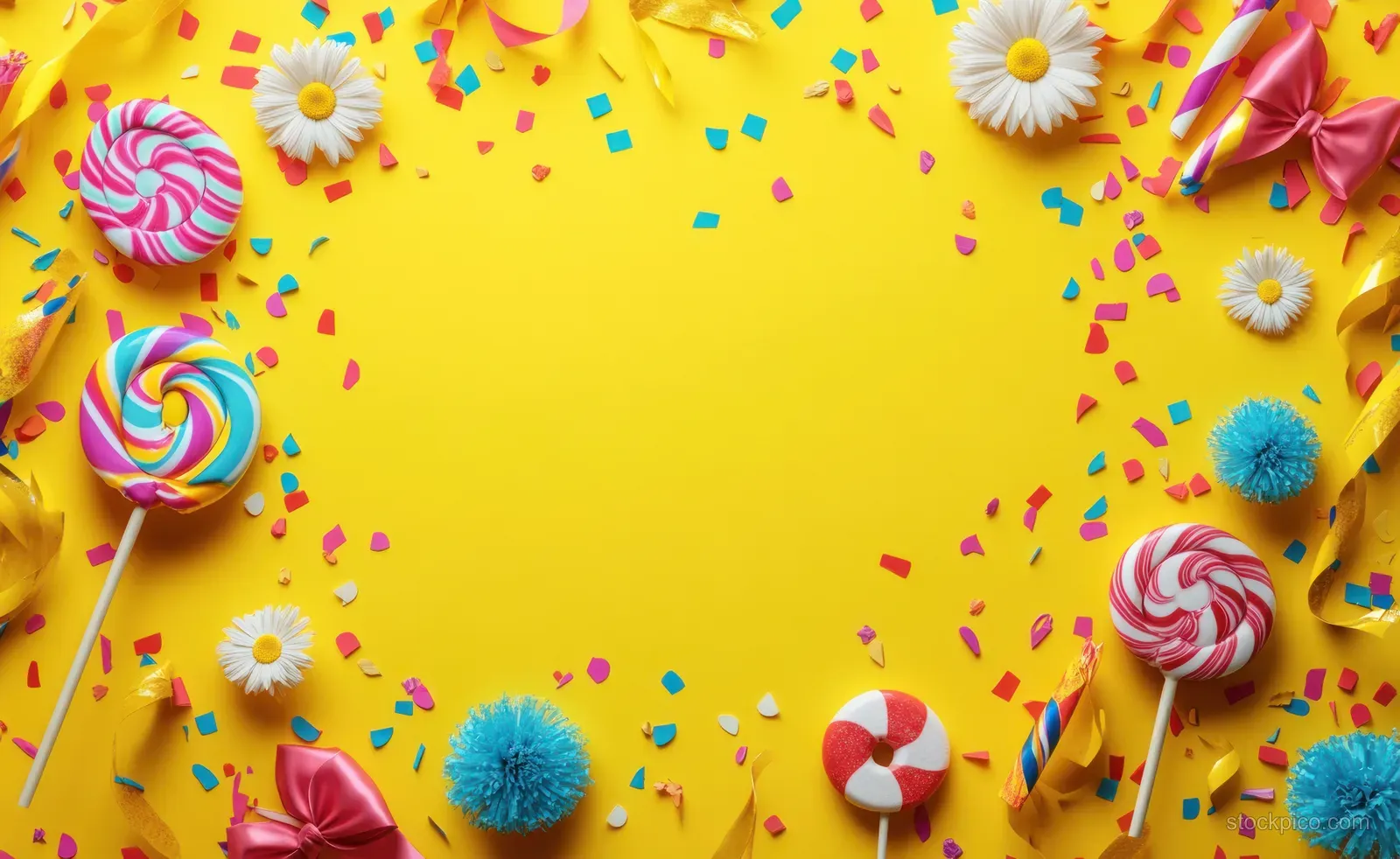 A circular party decoration frame with lollipops, daisies, pom-poms, bows, ribbons, and confetti on a yellow background.