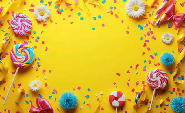 A circular party decoration frame with lollipops, daisies, pom-poms, bows, ribbons, and confetti on a yellow background.