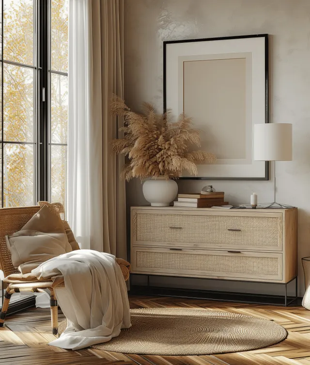 Warm living room corner with rattan drawer chest, armchair with throw, and sheer curtains beside a tall window.