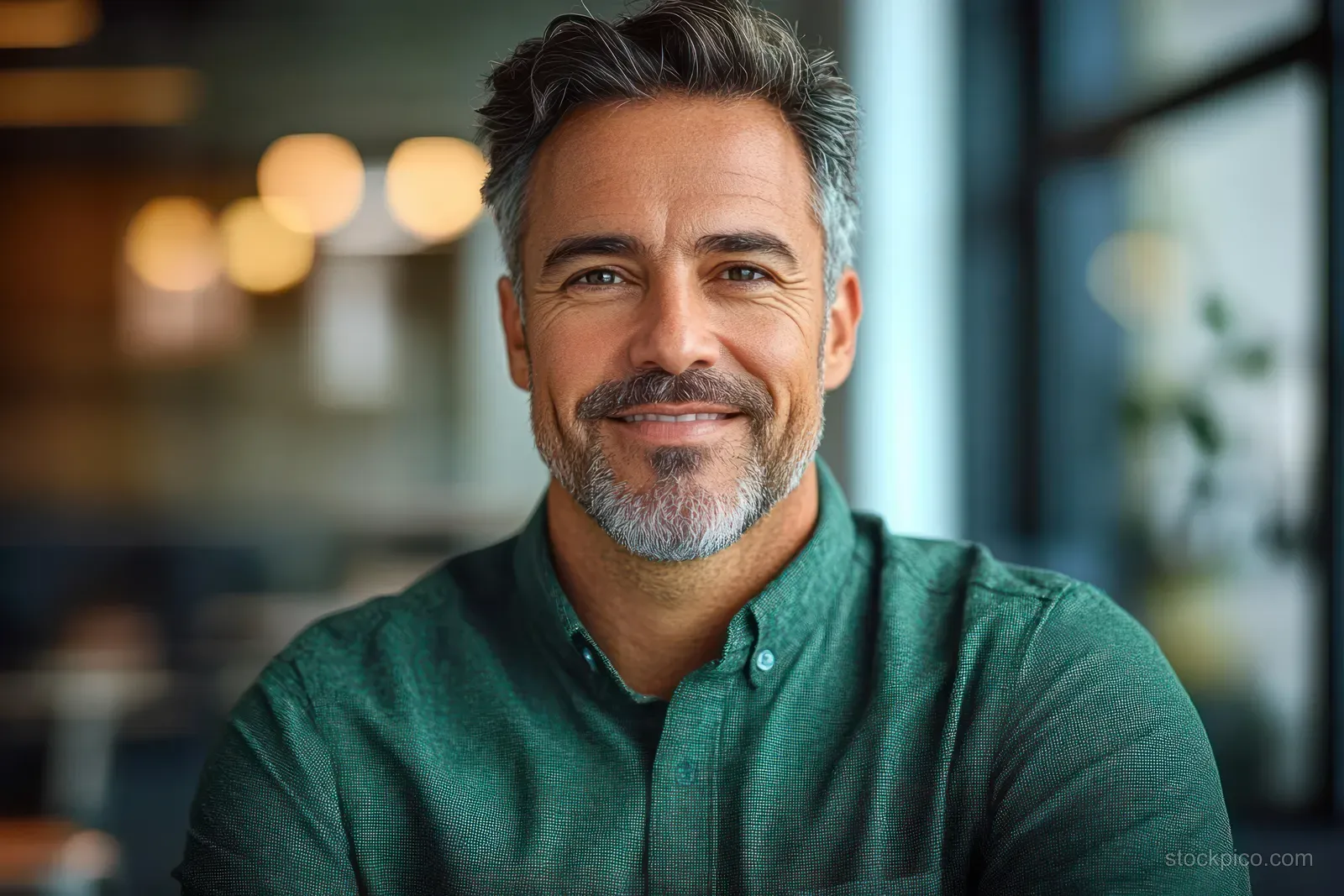 Smiling middle-aged banker in a green shirt giving a close-up headshot inside a modern office with soft bokeh.