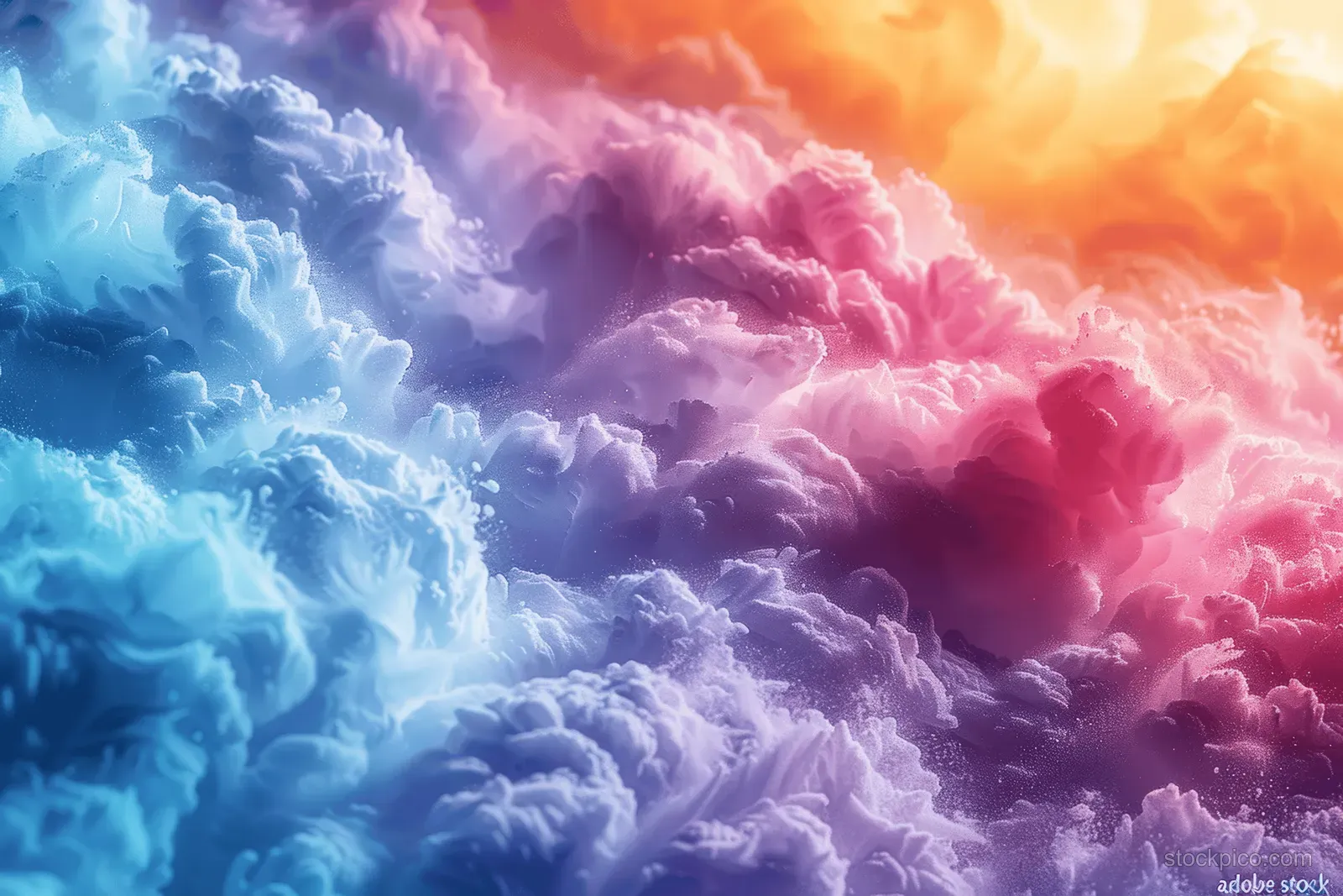 Pastel rainbow gradient clouds swirl across the background with a soft grainy, watercolor-like blur.