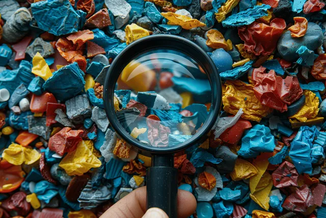 Hand holding magnifying glass over scattered microplastic fragments on a beach of debris