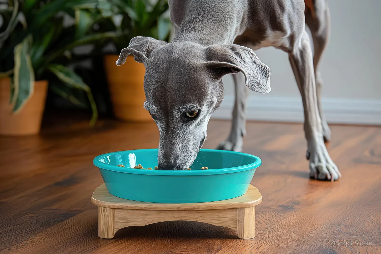 A gray dog eats from a teal bowl on a wooden stand on a hardwood floor indoors.