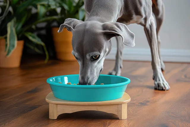 A gray dog eats from a teal bowl on a wooden stand on a hardwood floor indoors.